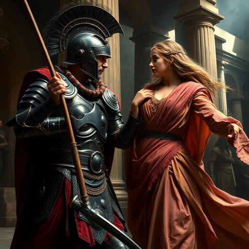 ancient Rome, Sack of Rome 410 CE, Visigothic warrior, Roman lady, dramatic tension, historical narrative, epic composition, chiaroscuro lighting, rich textures, vivid colors, romanticism, classicism, dramatic movement, cultural clash, historical saga, detailed armor, flowing Roman robes, emotional intensity, symbolic imagery, layered composition, heroic scale, classical architecture backdrop, dynamic interactions, historical realism, artistic storytelling, power and grace, clash of civilizations, evocative mood, intricate detailing, timeless conflict, artistic depth, dramatic contrast