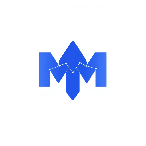 abstract letter M logo, parent node, child nodes, thin branching lines, tree hierarchy, indigo gradient, minimal vector design, white background, geometric abstraction, modernist influence, Bauhaus, clean lines, connection symbolism, hierarchical structure, conceptual design, negative space, visual balance, contemporary aesthetics