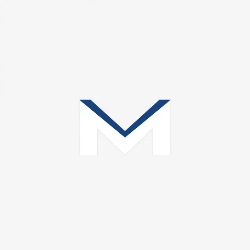 bold M logo mark, solid geometric letter, structured layers, subtle thin horizontal connector lines, indigo on white, modern minimal SaaS branding, flat vector, modernist simplicity, Bauhaus influence, clean design, minimalist aesthetics, structured composition, primary color palette, geometric precision, visual balance, negative space utilization, corporate identity, digital branding, contemporary design language, clarity in form
