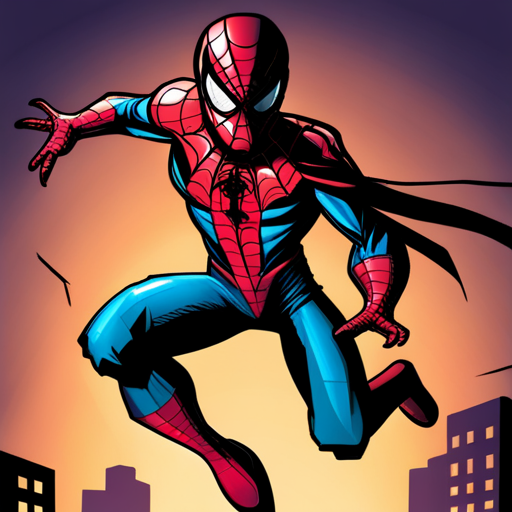 ghostspider, spiderman, superhero, Marvel, comic, illustration, action, dynamic, vibrant colors, web-slinging, arachnid, agility