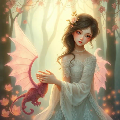 innocent young maiden, charming elegance, ethereal glow, inspired by Yoshitaka Amano, whimsical fantasy, serene ambiance, soft pastel hues, delicate brushwork, intricate lace textures, dreamlike scene, luminous lighting, gentle perspective, emotional warmth, magical atmosphere, fairy tale influences, graceful pose, art nouveau curves, enchanting forest backdrop, mythical creatures, serene expression