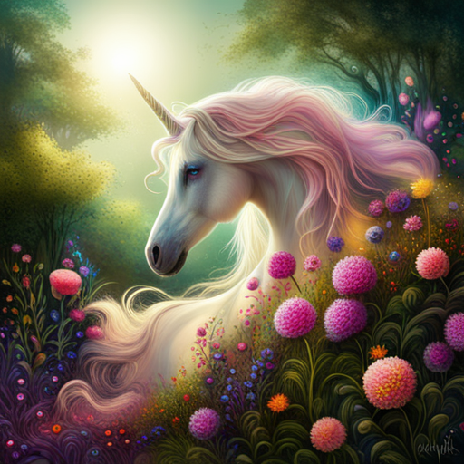 unicorn, flower, magical creature, mythical, whimsical, enchanting, fairytale, mystical, ethereal, fantasy, vibrant colors, soft pastels, dreamlike, surreal, nature, forest, meadow, sunshine, petals, blooming, delicate, graceful, majestic, horn, mane, tail, mystical, otherworldly, legendary, mythical creature, mythical world