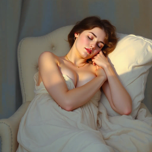tranquil scene, woman, sleeping, seated on chair, delicate posture, soft ambient light, serene expression, gentle repose, impressionist touch, pastel colors, dreamlike atmosphere, elegant curves, calming mood, ethereal glow, romanticism, calm tranquility, subtle shadows, relaxed muscles, atmospheric depth, peaceful dreamscape, soothing composition, reposed stillness, intimate setting, classical influence, fine details, harmonious balance, reflective bliss, soothing aura