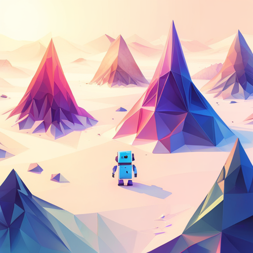 tiny robot, geometric shapes, low-poly, digital-art, white background