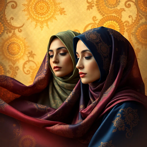 captivating Muslim women, vibrant textile patterns, intricate henna designs, cultural richness, modern elegance, dynamic movement, chiaroscuro lighting, warm and cool tones, diverse beauty, empowering expressions, fluid garment flow, detailed ornamentation, visual storytelling, vibrant urban setting, interplay of shadows, serene confidence, rich textures, contemporary portraiture, harmonious balance, Alphonse Mucha inspiration, Middle Eastern influences, juxtaposition of tradition and modernity, symbolic elements, intricate accessories, feminine strength, immersive ambiance