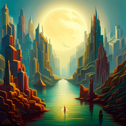 surrealism, dreamlike, vibrant colors, whimsical, Jules Verne, steampunk, aerial perspective, vast expanse, fantastical creatures, floating islands, magical realism, ethereal atmosphere, exaggerated scale, imaginative storytelling