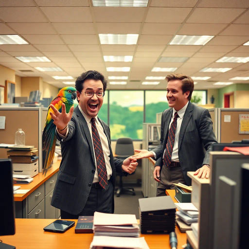 comedic chaos, office humor, surreal workspace, Michael Scott, colorful parrot companion, sitcom setting, vibrant dialogue, playful banter, Dunder Mifflin, Jim Halpert's pranks, vivid personality, exaggerated facial expressions, pop culture, 2000s nostalgia, office lighting, cubicle landscape, postmodern irony, character dynamics, mid-century modern, bright and bold palette, whimsy and absurdity, sitcom tribute, awkward charm, paper company, comedic narrative, everyday absurd, dynamic composition, Greg Daniels influence