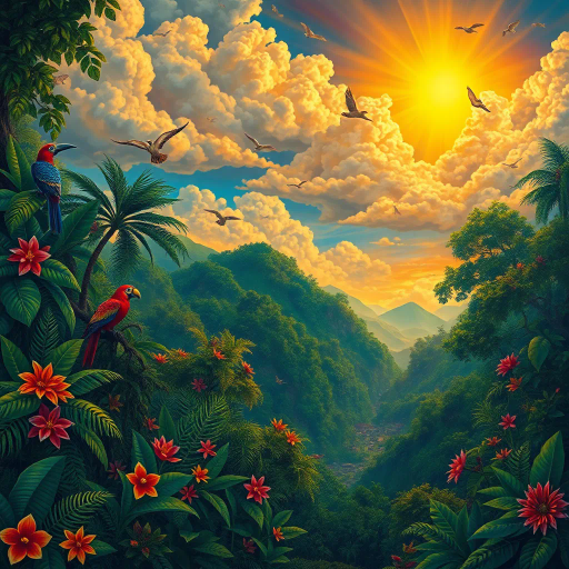 vivid rainforests, carnival atmosphere, vibrant colors, intricate details, lush foliage, rich cultural heritage, magical realism, Brazilian landscape, surreal clouds, tropical wildlife, Henri Rousseau, rhythmic movement, radiant sunlight, festive mood, intricate patterns, exotic birds, mythical elements, celebratory spirit, tropical flora, samba rhythm, enchanting scenery, modernist architecture, Tarsila do Amaral, lush landscapes, dynamic movement, cultural fusion, vibrant street art, warm sunlight, panoramic views, rich biodiversity, Botero-inspired figures, expressive brushstrokes, Amazon River, energetic composition