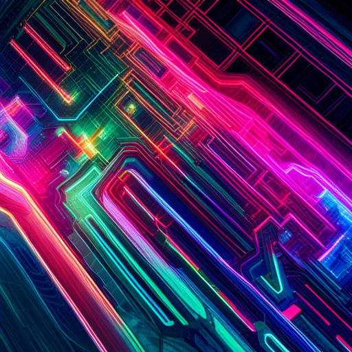 futuristic, artificial intelligence, data visualization, maximalism, neon colors, generative art, technology, complex patterns, glitch art, cyberpunk, machine learning, wires and circuits, abstract expressionism