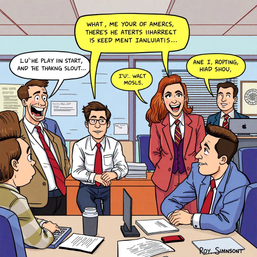 satirical workplace dynamics, humorous situations, colorful characters, Jim Halpert, Pam Beesly, mockumentary style, lively banter, office antics, playful tone, exaggerated expressions, narrative humor, corporate setting, vibrant palette, dynamic panels, exaggerated scenarios, comedic timing, slice of life, workplace comedy, Michael Scott, sitcom classic, Roy Lichtenstein influence, pop art aesthetic