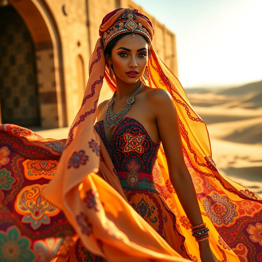 Arabian beauty, vibrant colors, flowing garments, intricate designs, warm lighting, exotic elegance, Henri Matisse influences, rich textures, cultural fusion, contemporary elements, radiant atmosphere, captivating gaze, dynamic movement, ornate patterns, harmonious balance, desert essence, vibrant allure, ethereal quality, sophisticated charm