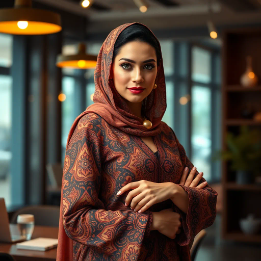 Arab woman, professional setting, dynamic pose, intricate patterns, vibrant colors, Yasmina Reza inspired, contemporary realism, warm lighting, modern workplace, cultural heritage, flowing garments, arabesque design, focused expression, intricate details, emotive atmosphere, creative environment, 21st century, art deco influences, blending tradition and modernity, textures of fabric and glass, elegant composition, diverse influences, high contrast, sense of empowerment, narrative depth