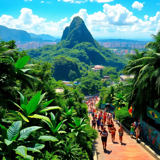 tropical paradise, vibrant rainforest, Rio Carnival, Brazilian culture, Jorge Selarón, Carmen Miranda, exuberant colors, lush vegetation, dynamic samba dancers, vivid patterns, Amazon River, exotic wildlife, modern architecture, indigenous art, celebratory mood, Afro-Brazilian heritage, vibrant street scenes, bold compositions, fluid movement, warmth and energy, sunlit landscapes, urban diversity, festive atmosphere, contemporary influences, chromatic brilliance