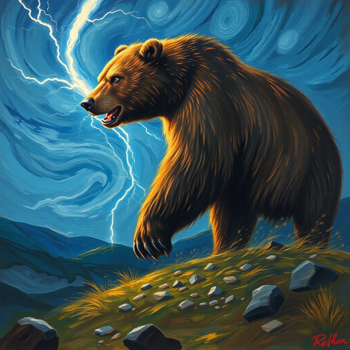 majestic bear, struck by lightning, dynamic energy, vibrant electric blues and purples, ethereal glow, dramatic sky, Surrealism, Salvador Dalí influence, mystical forest setting, chiaroscuro lighting contrasts, fluid motion, heroic and powerful, nature's fury, awe and wonder, intricate fur texture, dramatic scale, mythical ambiance, symbolic transformation, timeless wilderness, emotional intensity, elemental forces, narrative depth, allegorical representation