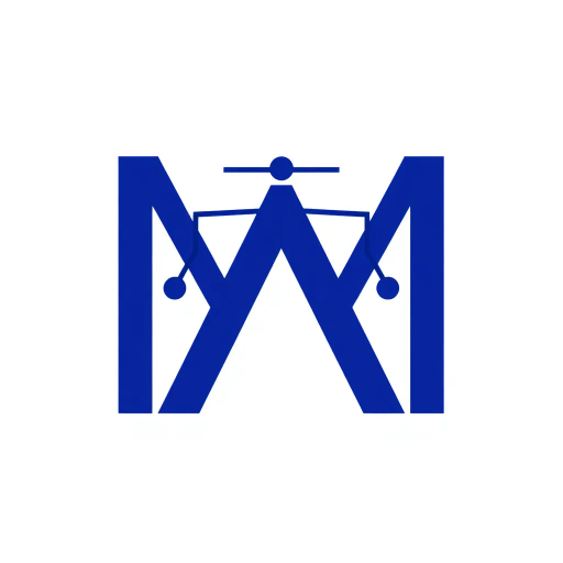 minimalist, bold, letter M, logo design, solid geometric shapes, V-shaped connectors, branching lines, hierarchy symbolism, indigo blue color palette, flat vector style, clean composition, modern SaaS branding, software aesthetics, white background, high-tech elegance, contemporary design, clarity, sleek presentation, geometric precision, corporate identity, monochromatic balance, visual hierarchy