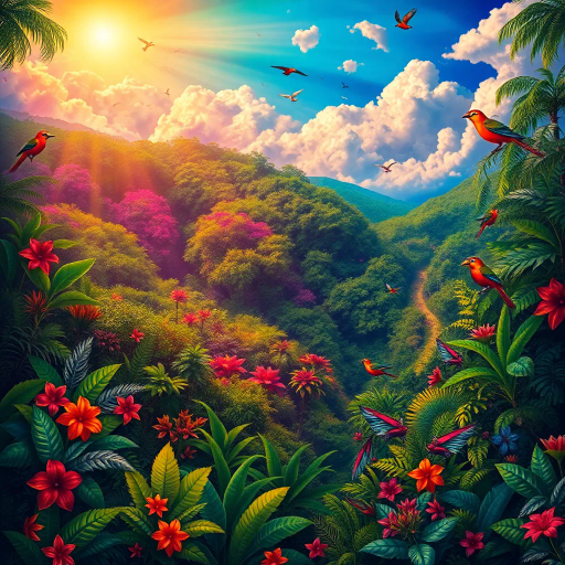 vivid rainforests, carnival atmosphere, vibrant colors, intricate details, lush foliage, rich cultural heritage, magical realism, Brazilian landscape, surreal clouds, tropical wildlife, Henri Rousseau influence, rhythmic movement, radiant sunlight, festive mood, intricate patterns, exotic birds, mythical elements, celebratory spirit, tropical flora, samba rhythm, enchanting scenery, fantasy-art, vibrant tapestry, dreamlike ambiance, harmonious patterns, cultural symphony, ethereal lighting, dynamic energy, verdant landscapes, whimsical fantasy, painterly style, immersive scene, lush textures, vivid storytelling, visual poetry