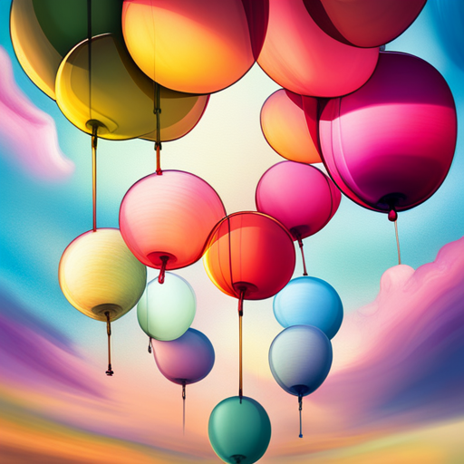 colorful balloons, floating in the sky, vibrant, joyful, celebration, party, whimsical, surreal, dreamlike, fantasy, fantasy-art, soft pastel colors, playful, cheerful, movement, organic shapes, transparent, light, shadows, surrealism, fairytale, imagination, magical-realism, soft-lighting, wonder, ethereal, childhood, joy, happiness