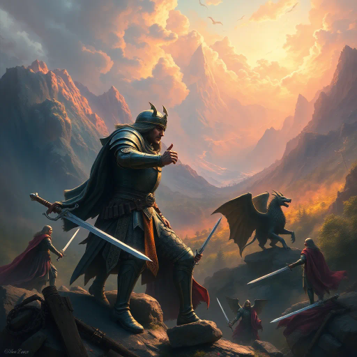 mystical realms, epic landscapes, intricate armor, heroic figures, dynamic poses, Renaissance influence, vibrant hues, ethereal lighting, atmospheric depth, Arthurian legend, swordplay, mythical creatures, grand scale, adventure, exploration, medieval fantasy, enchanted forests, magic elements, high detail, storytelling composition, dramatic skies, painterly textures, inspired by John Howe and Alan Lee, captivating narrative, timeless, immersive experience