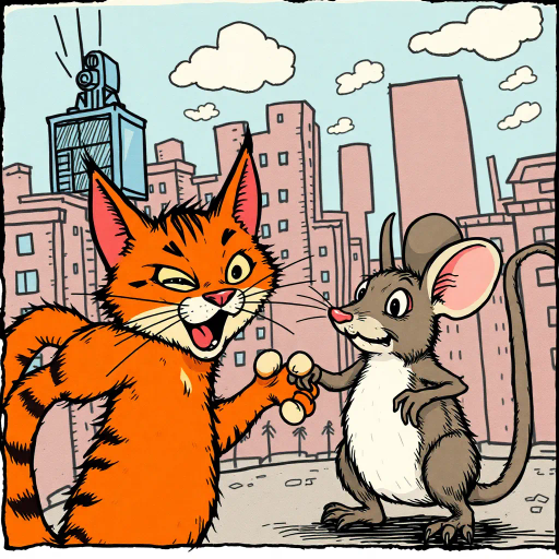 whimsical tale, feline protagonist, rodent antagonist, Art Spiegelman, playful conflict, dynamic composition, vibrant colors, bold outlines, narrative storytelling, expressive characters, adventure, mischief, urban landscape, intricate details, engaging narrative, interaction, movement, light-hearted, humor, exaggerated expressions, daring escapades, cultural folklore, friendship, rivalry, textured shading, comic strips, visual humor, animated scene, graphic novel style, storytelling, urban dynamics, vibrant palette, adventurous spirit, humor-laden, folklore inspirations