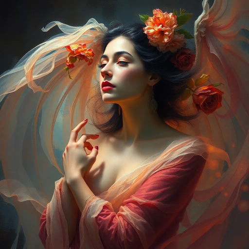 ethereal woman, renaissance lighting, dramatic contrasts, vibrant hues, delicate textures, impressionist influences, emotionally evocative, modern twist, surrealism undertones, dynamic composition, fluid movement, Baroque era inspiration, intricate details, fantastical elements, cultural richness, harmonious balance, mythical aura, expressive gesture, lively ambiance, magical realism, soft brushstrokes, timeless beauty