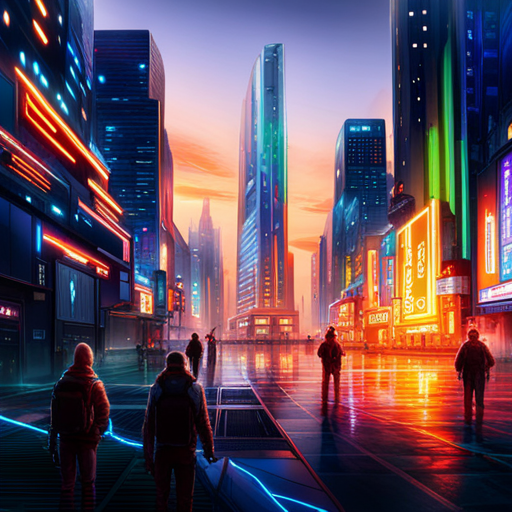 futuristic, sci-fi, cyberpunk, utopian, victory, rebellion, bright colors, towering skyscrapers, futuristic architecture, cybernetic enhancements, luminous signs, resilient heroes, digital age, sustainable ecosystem