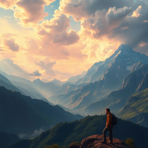 solitary figure, mountain peak, expansive vista, vast horizon, atmospheric perspective, dramatic lighting, ethereal mood, introspective journey, majestic landscape, vivid colors, intricate textures, Edward Hopper influence, surreal elements, sweeping panorama, serene solitude, dynamic clouds, sweeping narrative, emotional depth, timeless exploration, dreamlike quality, artistic symbolism, visual storytelling, scenic composition, high contrast, rich palettes, detailed rendering, heroic scale