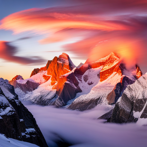 majestic peaks, dramatic vistas, natural symmetry, monochromatic palette, atmospheric perspective, epic scale, textured terrain, serene isolation, mountain ranges, grandeur, alpine glow, billowing clouds, rugged terrain, glacial formations, snowcapped peaks, jagged ridgelines