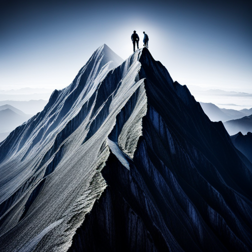 courageous mountain climbers scaling the treacherous craggy peaks, set against a starkly beautiful, shadowy landscape, showcasing an epic vista of jagged peaks, sweeping valleys and soaring skies, with a hint of danger, determination, and human spirit