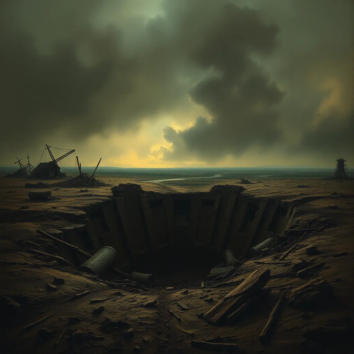 World War I, battlefield, shell hole, destruction, historical conflict, realism, Henri Rousseau, chiaroscuro lighting, somber mood, earth tones, dramatic perspective, craters, landscape, war-torn terrain, textured soil, immersive depth, metaphoric emptiness, poignant silence, layered composition, impressionist influences, reflective atmosphere, muted colors, raw textures, turbulent history, emotive impact, tension, ruins, nature reclaiming, symbolic void, desaturated hues, visual storytelling