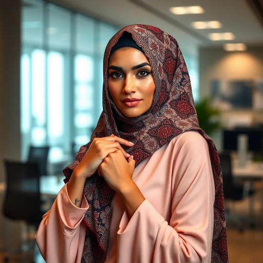 elegant Arab woman, professional attire, modern workplace, high heels, Middle Eastern influence, contemporary art style, intricate patterns, vibrant color palette, soft ambient lighting, cultural expression, dynamic posing, delicate textiles, confidence, empowerment, sophistication, grace, diverse cultural representation, cultural fusion, impressionism influences, human form depiction, balance and harmony, dynamic office environment, elegance, poise, detailed craftwork, modernism, cultural narrative, harmonious composition, vibrant textures