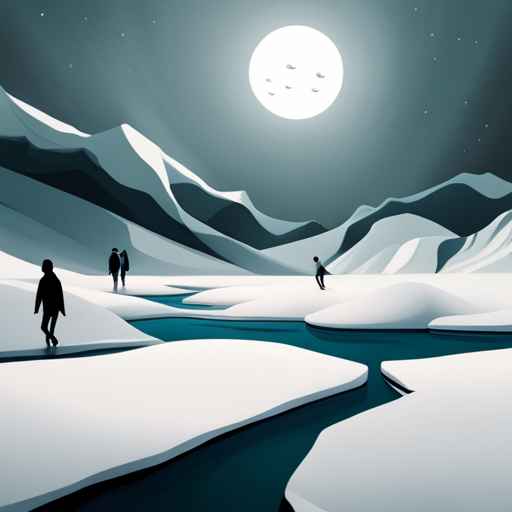 Surrealist Arctic waddle in the winter, depicted in a graphical monotone style. The scene is animated with a looping motion, as the characters slide on ice while maintaining a playful and comedic atmosphere.