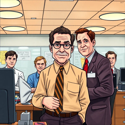 satirical humor, vibrant colors, Steve Carell, ensemble cast, mockumentary style, quirky dynamics, everyday life, work environment, subtle irony, character dynamics, Michael Scott, Dunder Mifflin, Scranton, Pennsylvania, documentary filming, 2000s television, comedic timing, deadpan expression, cultural phenomenon, witty banter, office antics, relatable humor, office supplies, Jim Halpert, Pam Beesly, Dwight Schrute, team dynamics, overhead fluorescent lighting, mundane yet charming, round camera angles, workplace relationships, expressive character design, exaggerated expressions, paneled storytelling, detailed backgrounds, iconic catchphrases, pop culture influence, humor in the mundane, bright contrasts, playful linework, narrative flow, visual humor, unconventional framing, classic comic book composition