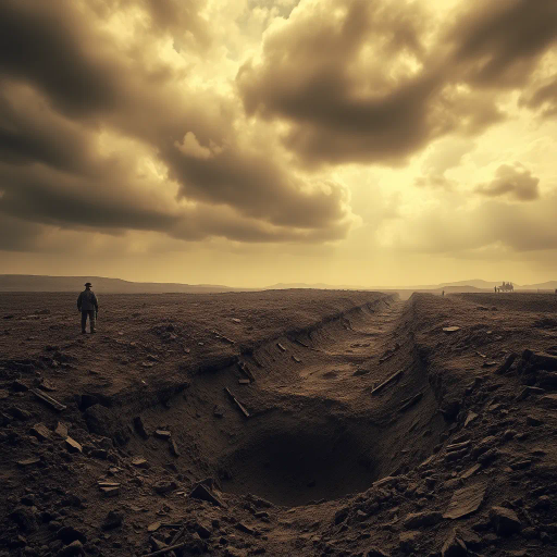 World War 1, shell hole, muddy landscape, desolation, somber mood, realism, historical context, war-torn terrain, intricate textures, Claude Monet, chiaroscuro lighting, melancholic ambiance, earthy tones, vast emptiness, erosion, scattered debris, rain-washed, dynamic composition, distant horizon, European landscape, trench warfare, atmospheric depth, intricate detail, raw emotion, layered complexity, emotive storytelling, ephemeral nature, wet ground, war remnants, reflective surfaces