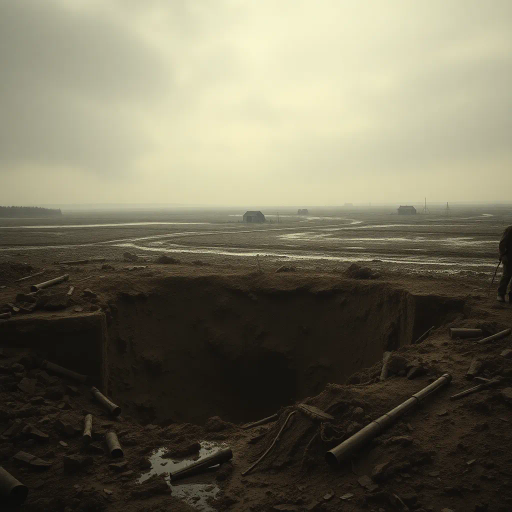 world war i, muddy landscape, shell hole, crater, wet earth, contrasting textures, somber mood, muted colors, rich soil, ripples in water, silent echoes, early 20th century, historical context, emotional weight, desolation, battlefield remnants, dramatic lighting, overcast sky, melancholy atmosphere, realistic depiction, depth and perspective, rugged terrain, Antoine de Saint-Exupéry influence, historical symbolism, vast open space, natural irregularity, memory of conflict