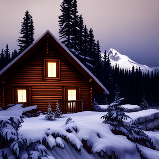 mountain cabin, nature, rustic, cozy, wooden, remote, solitude, landscape, panoramic, serene, peaceful, snow-capped mountains, warm fireplace, snowy, winter, cabin in the woods, log cabin, outdoor retreat, scenic view, tranquility, alpine, retreat, isolated, natural beauty, escape, majestic, surreal, misty, ethereal, hidden gem