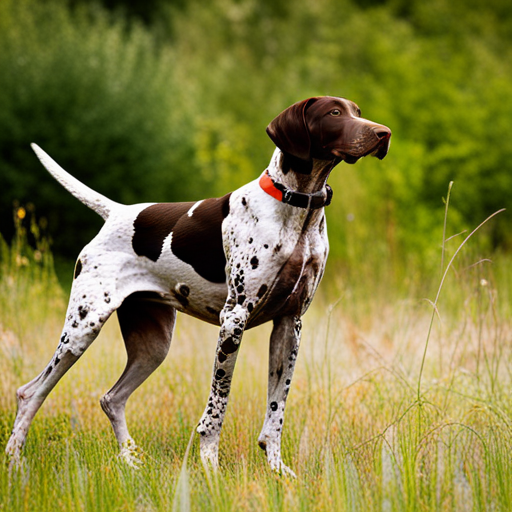 German Shorthair Pointer, Hunting Dogs, Nature, Outdoor Photography, Animal Behavior, Point, Prey Drive, Breeds, Wild Game, Bird Hunting, Scent, Tracking, Camouflaged, Agility, Trained, Field Trial, Energetic, Athletic, Muscular, Intelligent, Sporting Dogs, Gundogs, Game Birds, Bird Dogs, Canine, Hunting Equipment, Action Shots, Hunting Techniques, Wildlife, Hunting Season, Hunting Gear, Hunting Scenery, Stamina, Speed, Majestic, Natural Reserve, Golden Hour Light, Brown Coat, Rule of Thirds, Movement, Defocused Background, Green Tones, Yellow Tones, Texture, Spot Markings, High Level of Detail, Essence of the Breed