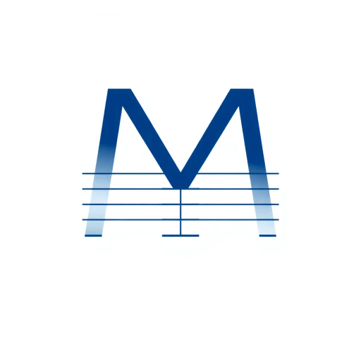 abstract, minimalist logo, geometric letter M, thin horizontal lines, hierarchy, ladder rungs, solid indigo blue, crisp vector design, white background, modern typography, Bauhaus influence, clean composition, precise geometry, vector graphics, contemporary aesthetic, graphic design, minimalism, line weight variation, symbolic representation, structured layout