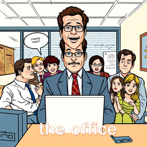The Office, TV show, Michael Scott, humorous satire, dynamic lines, bold colors, expressive characters, office environment, American sitcom, 2000s era, quirky personality, Steve Carell, workplace comedy, witty dialogue, ensemble cast, vibrant energy, character study, cultural impact, pop culture icon, comedic timing, facial expressions, narrative storytelling, visual gags, detailed background, parody style, modern office life, breaking the fourth wall