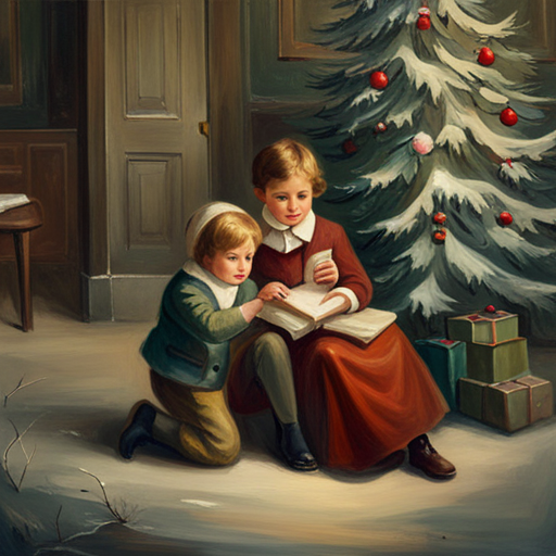 vintage, oil painting, classical, impressionism, muted colors, textured brushstrokes, 19th century, romanticism, traditional, natural lighting, landscape, nostalgia, delicate, thick paint, expressive, European, atmospheric, serene, rustic, aged, soft edges, Winter Children under a Christmas Tree Painting, classic