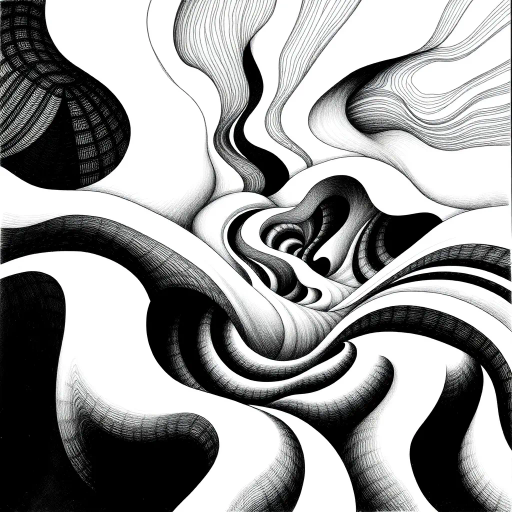 geometric shapes, intricate patterns, flowing lines, minimalist design, abstract expression, monochrome palette, dynamic movement, M.C. Escher influence, precise detailing, linear perspective, conceptual exploration, visual harmony, contour emphasis, spatial depth, contemporary influence, surreal geometry, optical illusion, mathematical artistry, avant-garde composition, abstract forms, pen and ink medium, black and white contrast, intersecting lines, detailed tessellation, fluid dynamics, rhythmic patterns, creative geometry, fine linework, subtle gradients, modern abstraction, artistic innovation, interlocking forms, infinite loops, Escherian landscapes, artistic paradox