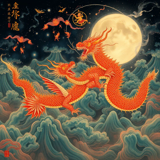 ethereal, ancient Chinese mythology, vibrant dragon scales, misty mountains, traditional ink wash, luminous lanterns, serene pagodas, delicate cherry blossoms, peaceful harmony, guardian spirits, flowing robes, folklore magic, jade hues, celestial beings, mesmerizing aura, celestial harmony, intricate symbolism, legendary heroes, mythical landscapes, harmonious balance