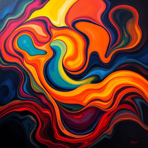 curves, vivid colors, surrealism, Henri Matisse, sensuality, flowing forms, abstract expressionism, warm lighting, bold contrasts, fluid dynamics, emotive energy, organic shapes, vibrant hues, depth, contemporary influences, layers, impressionistic touch, mid-century aesthetics, storytelling, metaphorical representation, movement and tranquility, harmony, immersive experience