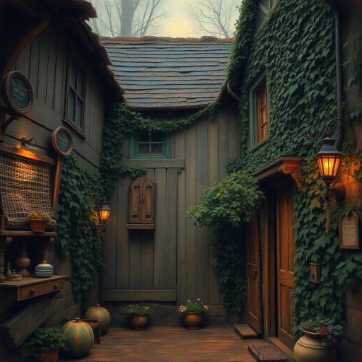 ancient, rustic, cottage, nostalgic atmosphere, weathered wood, ivy covered walls, Claude Monet, impressionistic, warm lighting, twilight, rich textures, storybook charm, timeworn, serenity, enchanting, Victorian era, intricate detailing, shadow play, timeless elegance, myths and legends, magical realism, harmonious composition