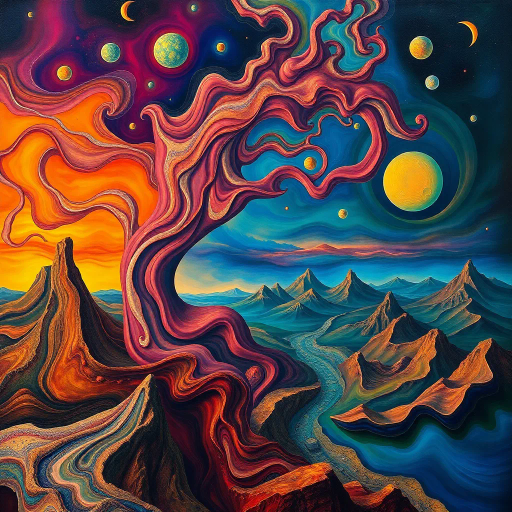 surreal exploration, anatomical abstraction, Salvador Dali, organic forms, intricate curves, fluid movement, dreamlike landscape, vibrant colors, soft textures, symbolic representation, transcendence, imaginative realms, juxtaposition, luminescent glow, ethereal atmosphere, visual metaphor, contemporary twist, boundary exploration, conceptual depth, existential themes, mythical inspiration, creative re-imagination