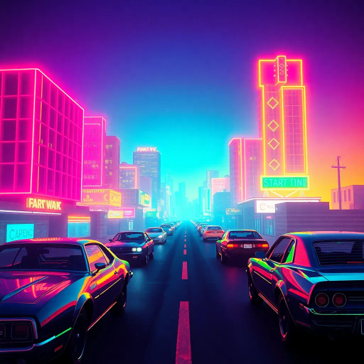 futuristic cityscape, cyberpunk vibes, vibrant neon colors, electric hues, 1980s aesthetics, synthwave influence, bold geometric shapes, neon lights, urban landscape, high contrast visuals, retro-futurism, dynamic movement, dusk lighting, vivid reflections, intricate detailing, digital rendering, surreal atmosphere, abstract patterns, sci-fi elements, immersive universe, nostalgic mood, visual rhythm, avant-garde expression, cultural nostalgia, neon-punk, Brian Eno, Tron, fluorescent glow, Jean Giraud, Ridley Scott, saturated palette, chrome textures, digital synesthesia, kinetic energy, multilayered narrative, kaleidoscopic perspective, David Bowie, ethereal ambiance