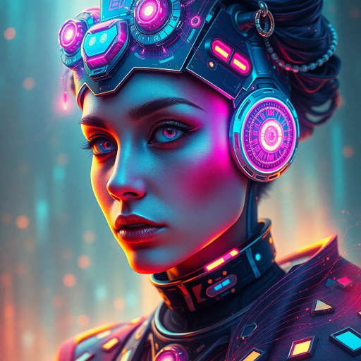 surreal portrait, illuminated hues, cybernetic elegance, ethereal atmosphere, intricate detail, futuristic attire, vibrant palette, soft gradients, digital paintbrush, expressionist undertones, neo-Renaissance influences, dynamic lighting, conceptual symbolism, multi-dimensional aesthetics, fantastical realism, advanced technology, spatial harmony, emotional resonance, imaginative creativity, bold contrasts, visionary composition, cyberculture fusion, avant-garde design