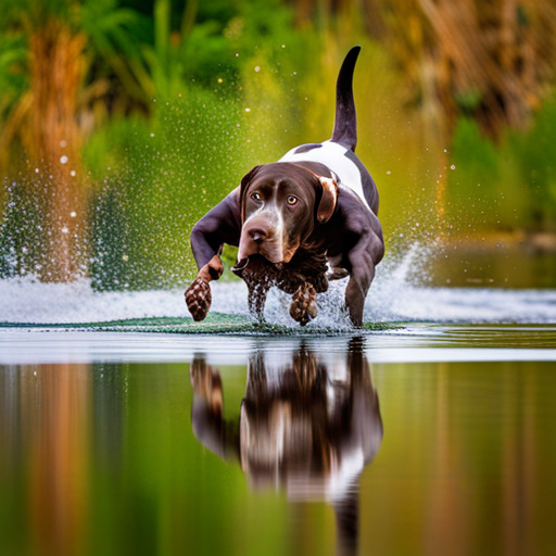 German Shorthair Pointer, Hunting Dogs, Nature, Outdoor Photography, Animal Behavior, Point, Prey Drive, Breeds, Wild Game, Bird Hunting, Scent, Tracking, Camouflaged, Agility, Trained, Field Trial, Energetic, Athletic, Muscular, Intelligent, Sporting Dogs, Gundogs, Game Birds, Bird Dogs, Canine, Hunting Equipment, Action Shots, Hunting Techniques, Wildlife, Hunting Season, Hunting Gear, Hunting Scenery, Stamina, Speed, Majestic, Natural Reserve, Golden Hour Light, Brown Coat, Rule of Thirds, Movement, Defocused Background, Green Tones, Yellow Tones, Texture, Spot Markings, High Level of Detail, Essence of the Breed