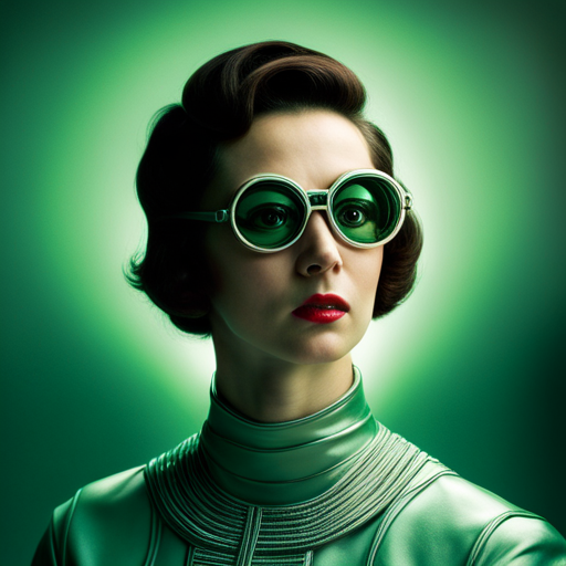 1970s, sci-fi, robot, portrait, studio light, emerald colored background