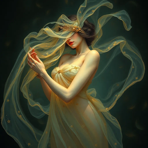 ethereal beauty, renaissance inspiration, dramatic lighting, chiaroscuro, delicate form, impressionistic touches, Gustav Klimt, soft pastels, flowing lines, timeless elegance, Art Nouveau influence, subtle textures, harmonious composition, emotional depth, sensual grace, intricate detail, dreamlike atmosphere, serene expression, gentle movement, classic pose