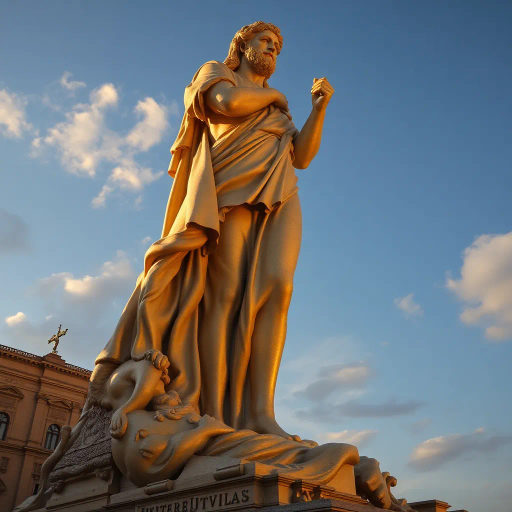 majestic, oversized, surreal, phallic monument, Michelangelo influence, heroic scale, exaggerated proportions, golden hues, intricate details, baroque textures, dramatic lighting, renaissance inspiration, mythological symbolism, gigantic presence, artistic expression, bold contours, sculptural elegance, powerful anatomy, artistic mastery, awe-inspiring form, fantastical interpretation